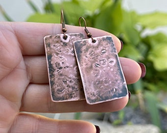 Hammered Copper Earrings: Geometric Rustic Bar Earrings