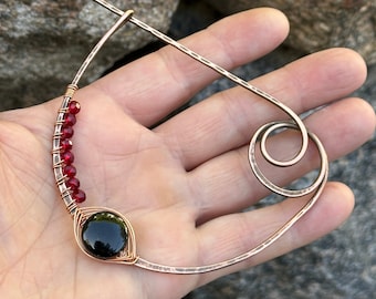 Black Agate Shawl pin brooch, Wire Wrap brooch, Medieval Cloak Pin, Shawl or sweater pin, Copper shawl pin, Celtic copper brooch