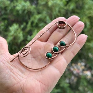 Malachite Shawl pin brooch, Knitting accessory, Minimalist celtic scarf pin, Medieval Cloak Pin, Shawl or sweater pin, Celtic copper brooch