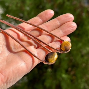Set Tiger&#39;s Eye Barrette Pin, Brass Hair Clip, Metal Hair Fork, Hair Stick Barrette, Hair Slide Clip, Wire Wrapped Hair Slide with Gemstone