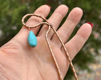 Turquoise Copper Hair Slide: Wire Wrapped Gemstone Barrette
