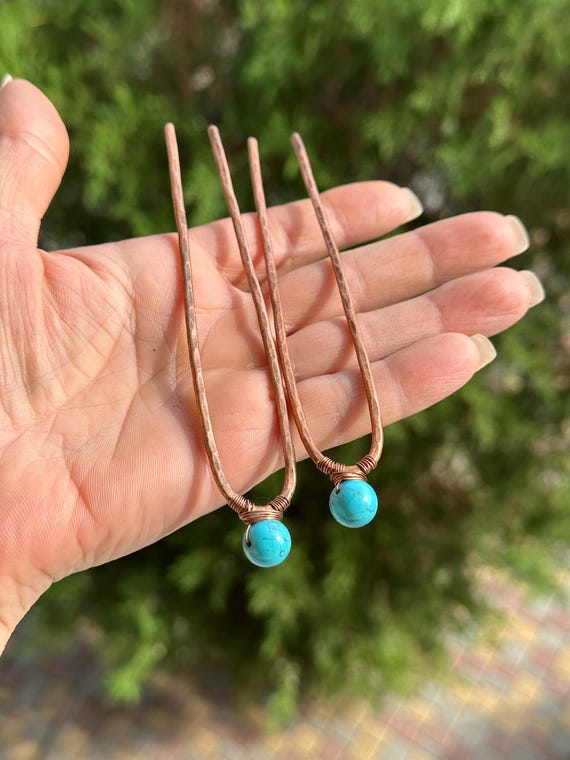 Turquoise Copper Hair Fork Set: Hammered Metal Hair Pin  display picture 2