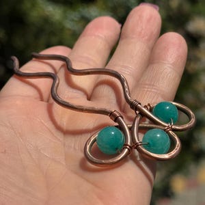 Green Agate Hair Pin: Copper Wire Wrapped Hair Slide