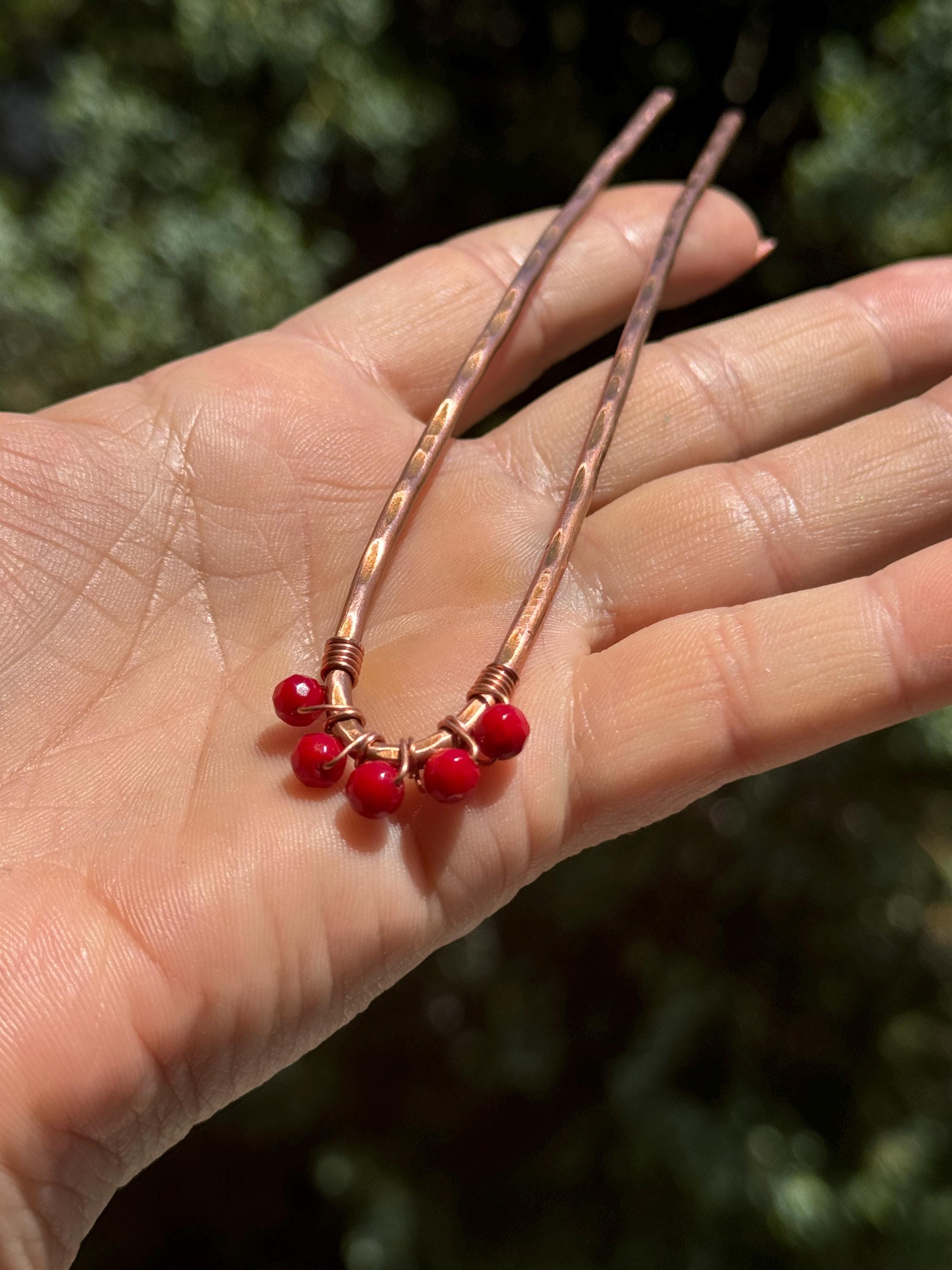 Red Coral Copper Hair Clip: Wire Wrapped Gemstone Barrette  display picture 3
