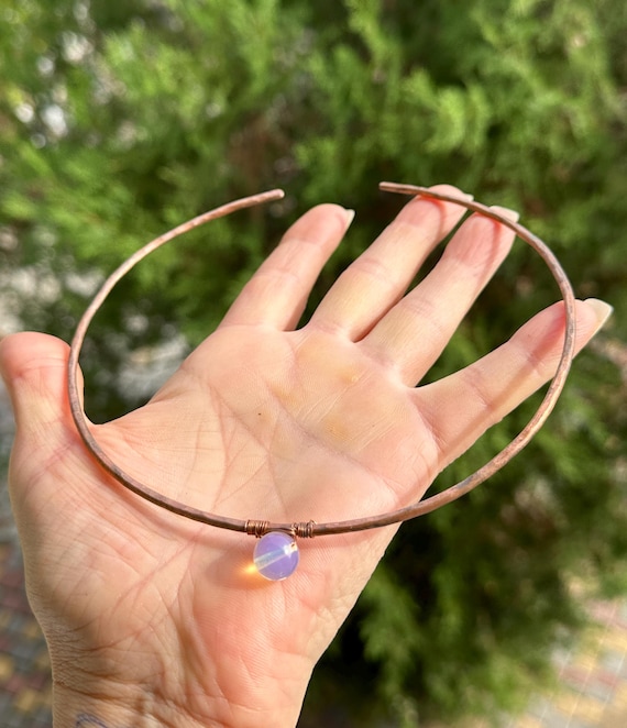Opal Copper Choker Necklace: Wire Wrapped Copper Collar
