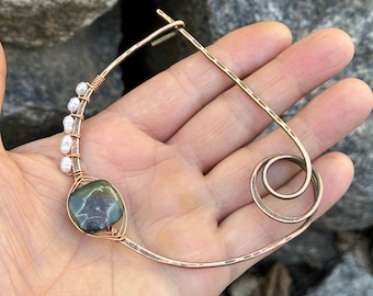 Agate Pearl Shawl pin brooch, Wire Wrap brooch, Medieval Cloak Pin, Shawl or sweater pin, Copper shawl pin, Celtic copper brooch