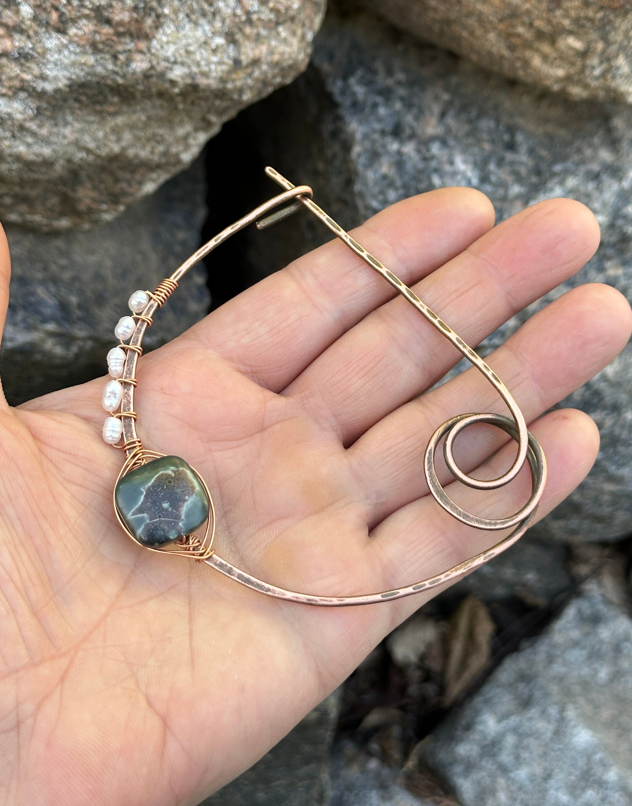 Agate Pearl Shawl pin brooch, Wire Wrap brooch, Medieval Cloak Pin, Shawl or sweater pin, Copper shawl pin, Celtic copper brooch