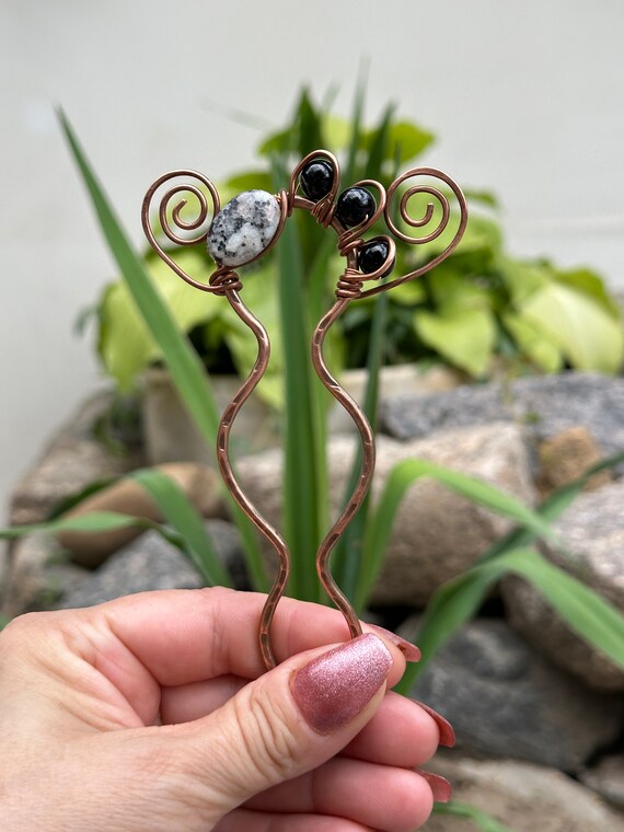 Hammered Copper Hair Pin: Jasper Agate & Hematite Hair Slide  display picture 2