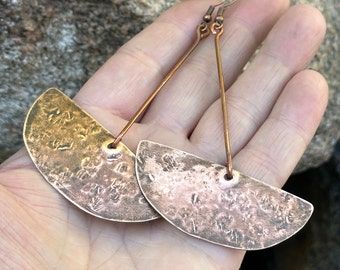 Hammered Copper Dangle Earrings: Geometric Rustic Bar Earrings