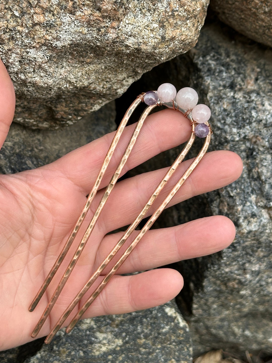 Rose Quartz Amethyst Copper Hair Fork: Handmade Gemstone Barrette - Etsy