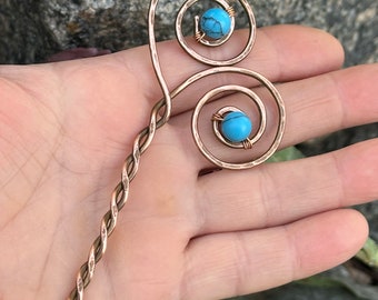 Blue Turquoise Copper Hair Pin: Celtic Hair Slide Jewelry
