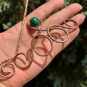 Malachite Copper Hair Pin, Bun Holder, Hair Clip, Gemstone Hair Fork, Hair Stick, Rustic shawl pins, Hair Slide Long Hair, Metal Hair Slide