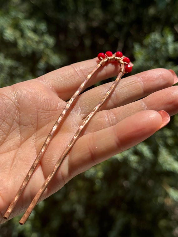 Red Coral Chip Barrette Hair Clip Red Coral Copper Hair Clip: Wire Wrapped Gemstone Barrette  main image 3