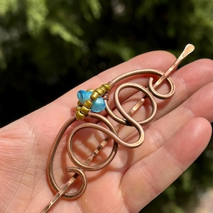 Butterfly Pearl Blue Copper Hair pin, Copper Hair Barrette, Bun Holder Hair Stick, Copper Hair Pin, Rustic shawl pins, Metal Hair Slide
