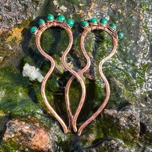Malachite Copper Hair Fork: Wire Wrapped Hair Slide, Bun Holder