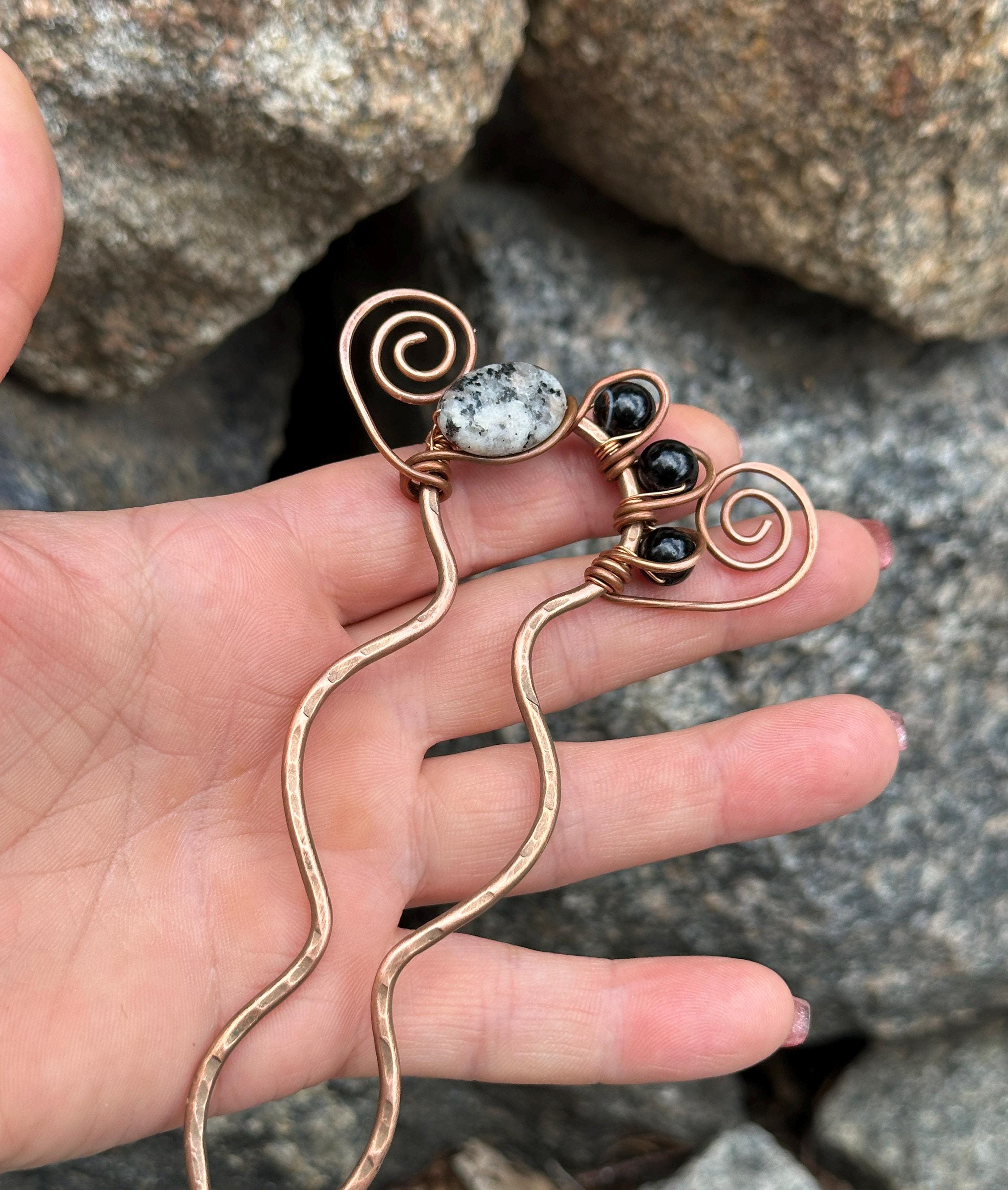 Hammered Copper Hair Pin: Jasper Agate & Hematite Hair Slide  display picture 2