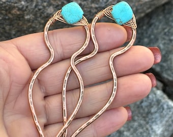 Turquoise Copper Hair Fork: Wire Wrapped Hair Slide