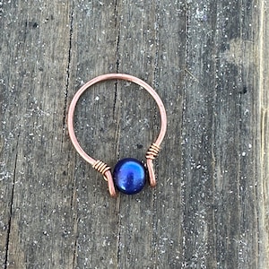 Handmade Copper Ring: Blue Pearl Wire Wrap