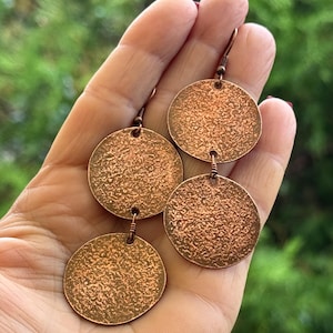 Hand Forged Copper Circle Earrings, Double Circle Dangle Earrings, Minimalist Copper Hoop Earrings, Rustic Geometric Jewelry