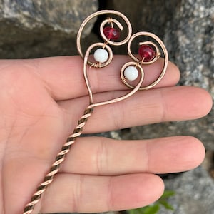 White agate and ruby Celtic Hair Clip with Hair Stick, Minimalist Hair Pin, Hammered Bun holder, Hair Jewelry, Hair slide jewelry