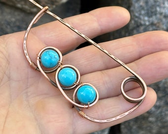 Turquoise Shawl pin brooch, Medieval Cloak Pin, Shawl or sweater pin, oxidized copper shawl pin, Copper shawl pin, Celtic copper brooch