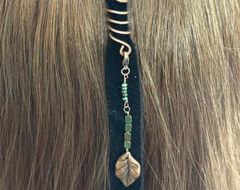 Copper Hair Spiral with Hematite and Leaf Pendant, Dreadlock Jewelry, Loc Hair Accessory, Boho Hair Spiral