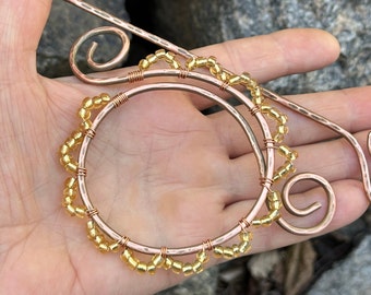 Beaded Copper Hairpin: Oxidized Copper Hair Slide, Rustic Shawl Pin