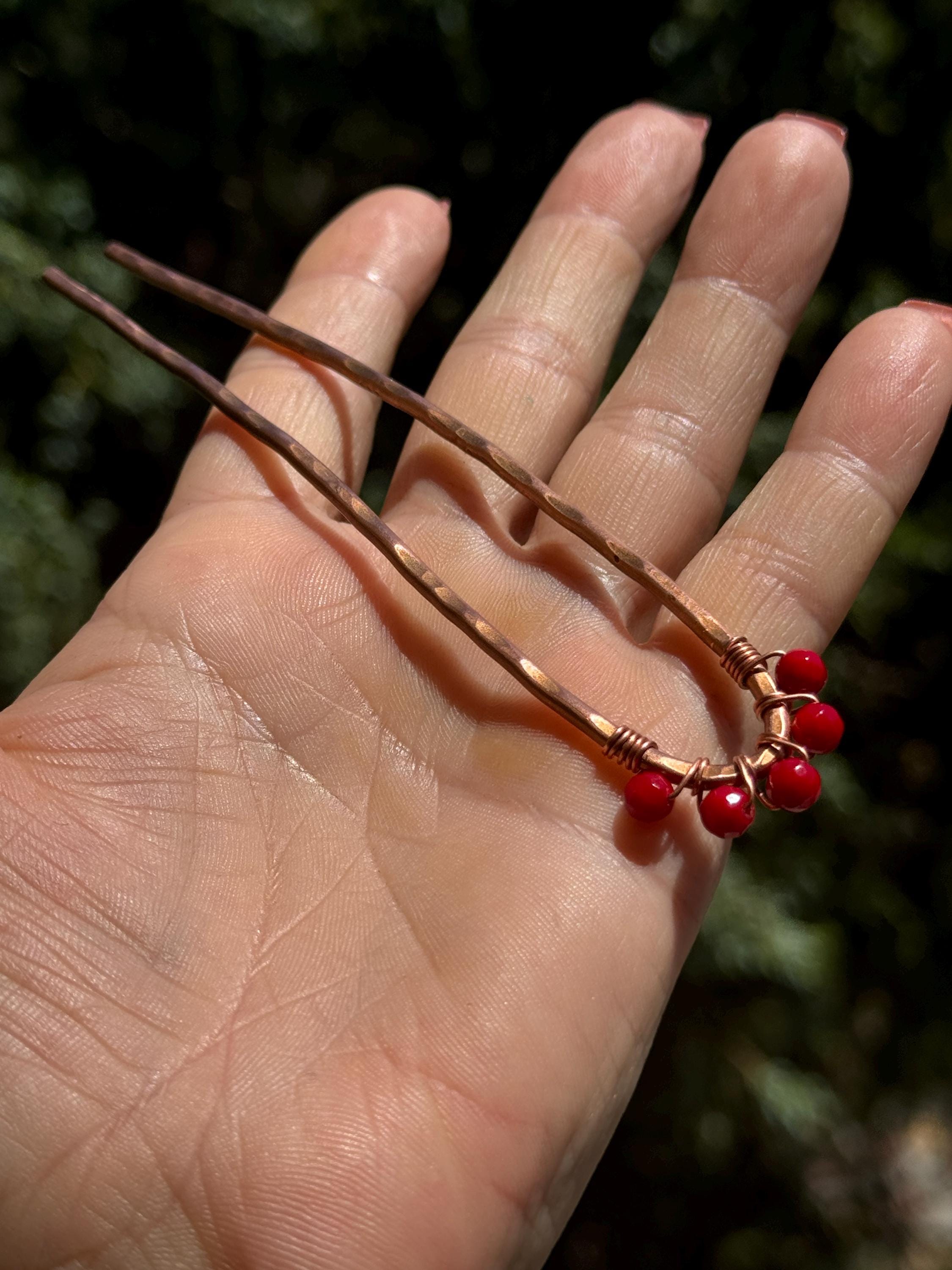 Red Coral Copper Hair Clip: Wire Wrapped Gemstone Barrette  display picture 2