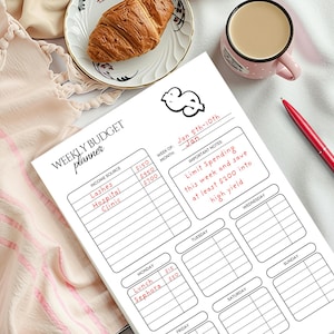 May include: A weekly budget planner with a black and white design, featuring income source and expense tracking sections. Includes a red pen, a croissant on a plate, and a pink mug with coffee. The planner's text includes "Lashes", "Hospital", and "Clinic".