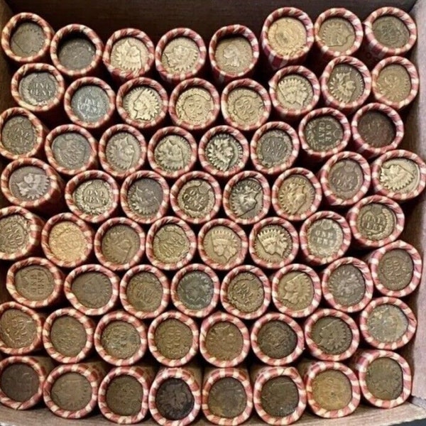 Indian head Cent with Wheat Penny Roll Lot 1909-1958 Wheat Pennies Fifty Coins