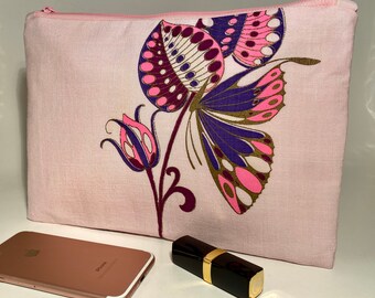Pink Clutch bag in Linen, Summer clutch, Alfred Shaheen fabric clutch purse, Simple Clutch, Butterflies