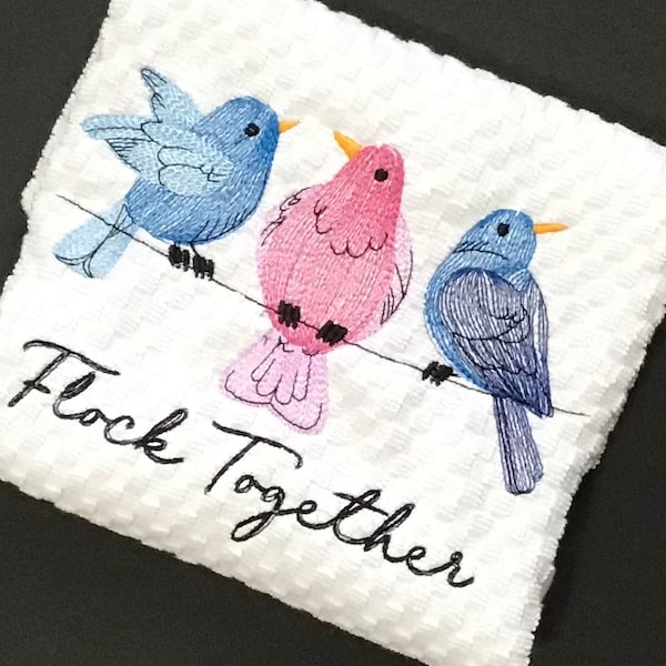 Embroidered birds flock together tea towel