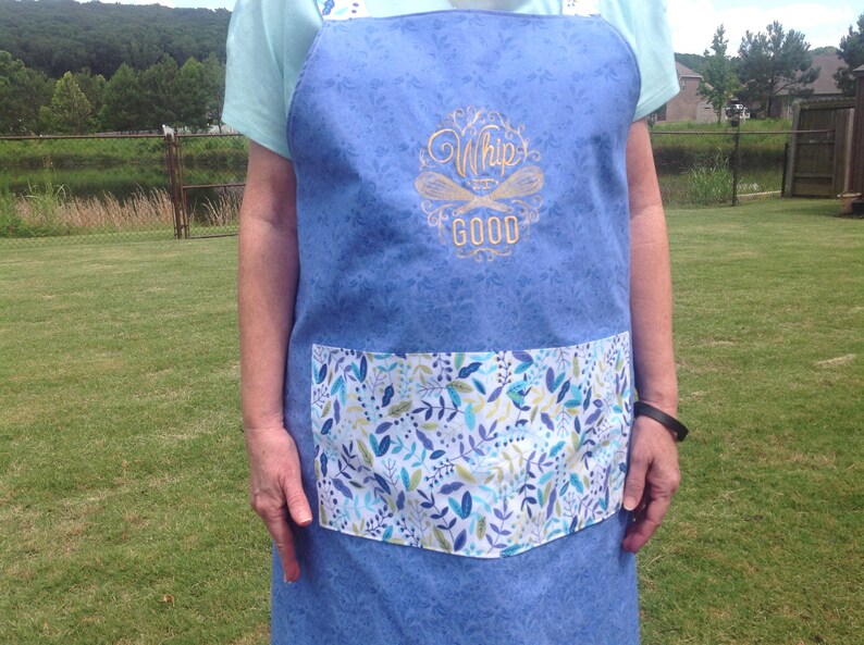 Reversible no tie apron/cotton embroidered blue no tie apron Etsy