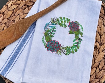 Succulents wreath embroidered on a tea towel