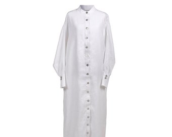 100% linnen maxi-overhemdjurk met lange mouwen in wit | Qoolleey bescheiden mode