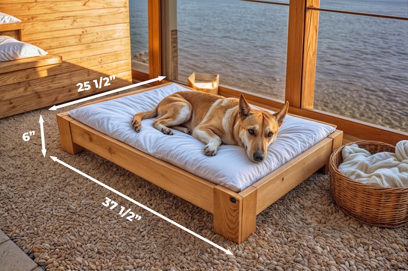 Pode incluir: Uma cama de cachorro de madeira com um colch&atilde;o branco, medindo 95,25 cm por 64,77 cm e 15,24 cm de altura. Um cachorro marrom est&aacute; deitado na cama.
