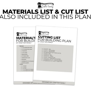 Pode incluir: Duas folhas imprim&iacute;veis em preto e branco com o t&iacute;tulo "Material's for Building" e "Cutting List for Building Plan" da Crafter Family. As folhas incluem uma lista de materiais e uma lista de corte para um projeto de carpintaria.