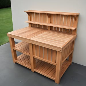 May include: A wooden potting bench with two shelves and a slatted tabletop. The bench has a natural wood finish and is designed for outdoor use. The bench has two lower shelves for storage and a top shelf with vertical slats.