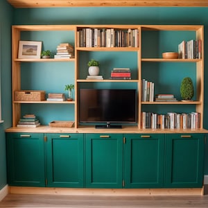 May include: A teal green built-in cabinet with wooden shelves and doors. The cabinet has a flat top surface with a television on it. The shelves are filled with books, plants, and decorative items.