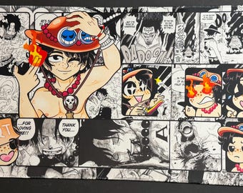 May include: A rectangular desk mat featuring a black and white manga-style collage of Portgas D. Ace from One Piece. The design includes colorful chibi-style illustrations of the character, flames, and text bubbles reading QT, THANK YOU, and MIZUKITCG.