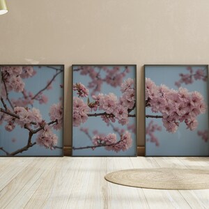 Impresión de cerezo, arte de pared de 3 piezas, póster de árbol, arte de pared floral, decoración de verano, arte de pared japonés, póster rosa, impresión fotográfica imprimible