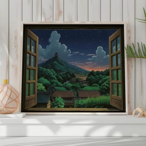Studio Ghibli style poster depicting a wooden open window through which you can see an asian rural landscape full of trees and japanese houses and a mountain far away with a building on the top at nightime, the print hangs in a living room