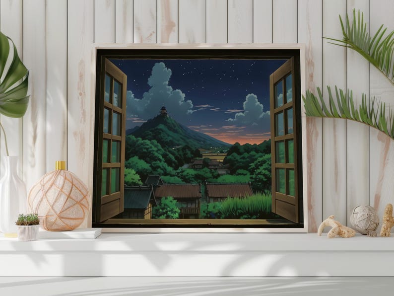 Studio Ghibli style poster depicting a wooden open window through which you can see an asian rural landscape full of trees and japanese houses and a mountain far away with a building on the top at nightime, the print hangs in a living room