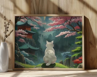 Póster de Studio Ghibli con diseño de gato blanco en las montañas, póster de anime inspirado en el arte de Ghibli, impresión descargable, paisaje asiático, decoración japonesa