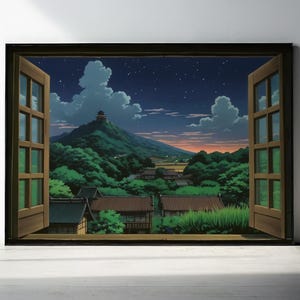 Studio Ghibli style print depicting a wooden open window through which you can see an asian rural landscape full of trees and japanese houses and a mountain far away with a building on the top at nightime, the sky is starry