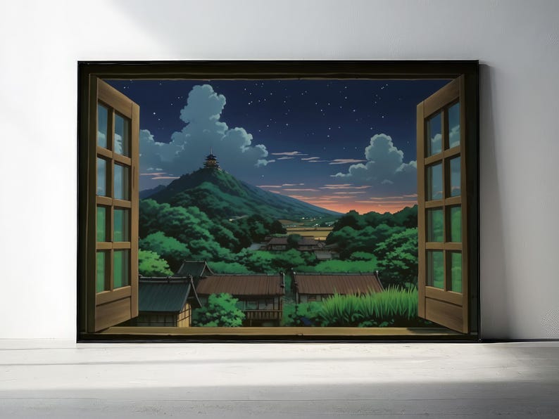 Studio Ghibli style print depicting a wooden open window through which you can see an asian rural landscape full of trees and japanese houses and a mountain far away with a building on the top at nightime, the sky is starry