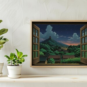 Studio Ghibli style poster depicting a wooden open window through which you can see an asian rural landscape full of trees and japanese houses and a mountain far away with a building on the top at nightime, the print hangs in a bedroom