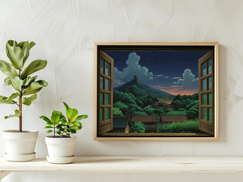 Studio Ghibli style poster depicting a wooden open window through which you can see an asian rural landscape full of trees and japanese houses and a mountain far away with a building on the top at nightime, the print hangs in a bedroom