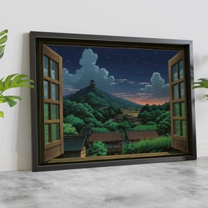 Studio Ghibli style decor depicting a wooden open window through which you can see an asian rural landscape full of trees and japanese houses and a mountain far away with a building on the top at nightime, the sky is starry