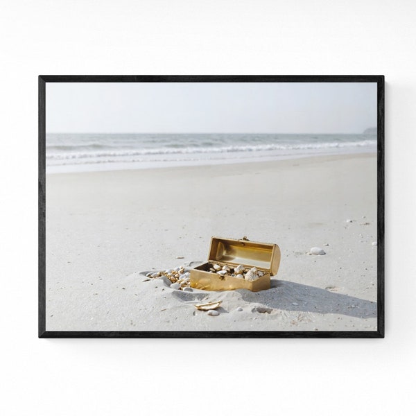 Gold Print Treasure Chest Print Coastal Home Decor Pirate Chest Beach Poster Minimalist Beach Wall Art Pirate Decor Viking Art